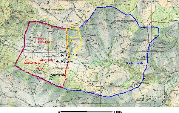 The Rietholzbach catchments with experimental plot (green) and other measuring devices